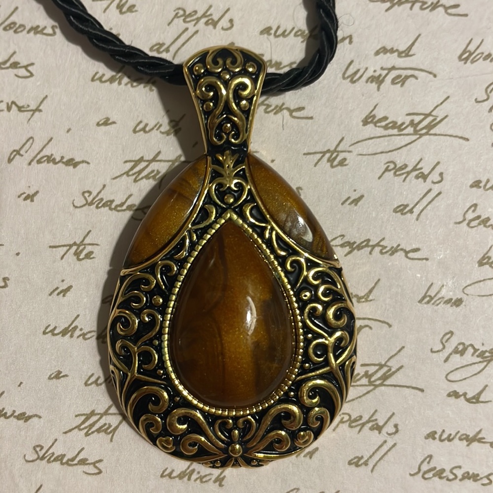Lia Sophia Tigers Eye Pendant Necklace on Black Rope